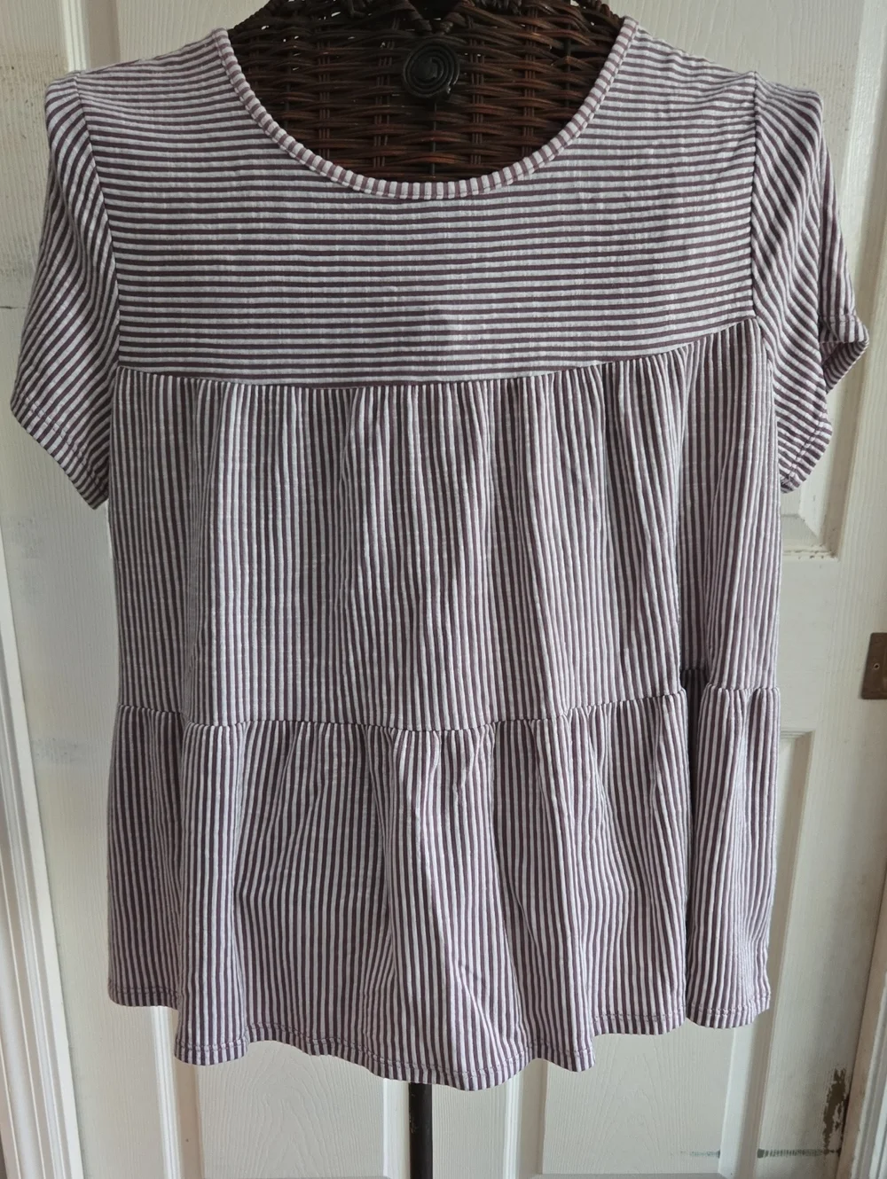 Exclusive One Striped Short-Sleeve Peplum Babydoll Top in Maroon Stripe-Size XL